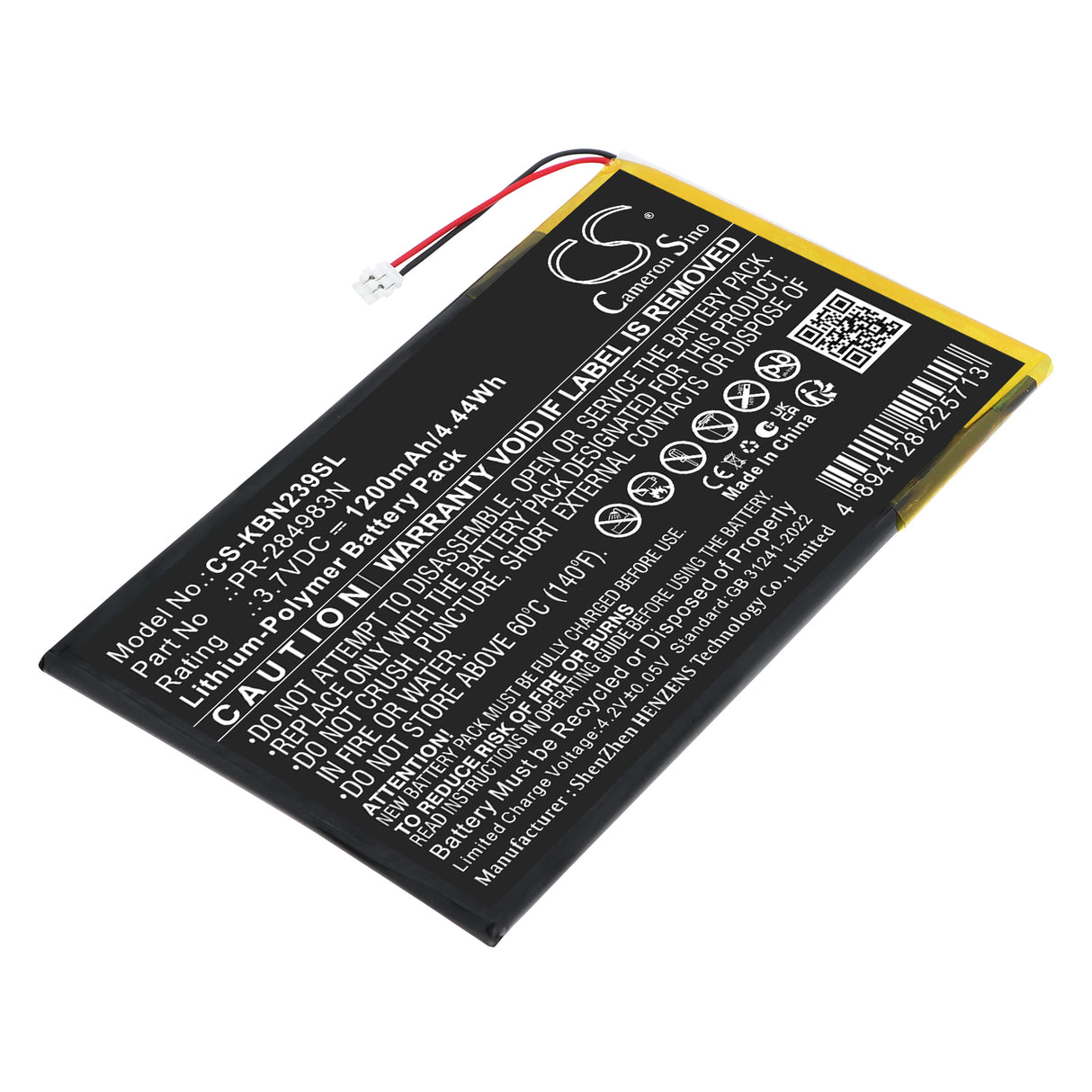 3.7V, Li-Polymer, 1500mAh, E-book, E-reader battery fits Kobo, PR-284983N, Clara HD N239, Clara HD N249, 5.55Wh E-book, E-reader Cameron Sino Technology Limited