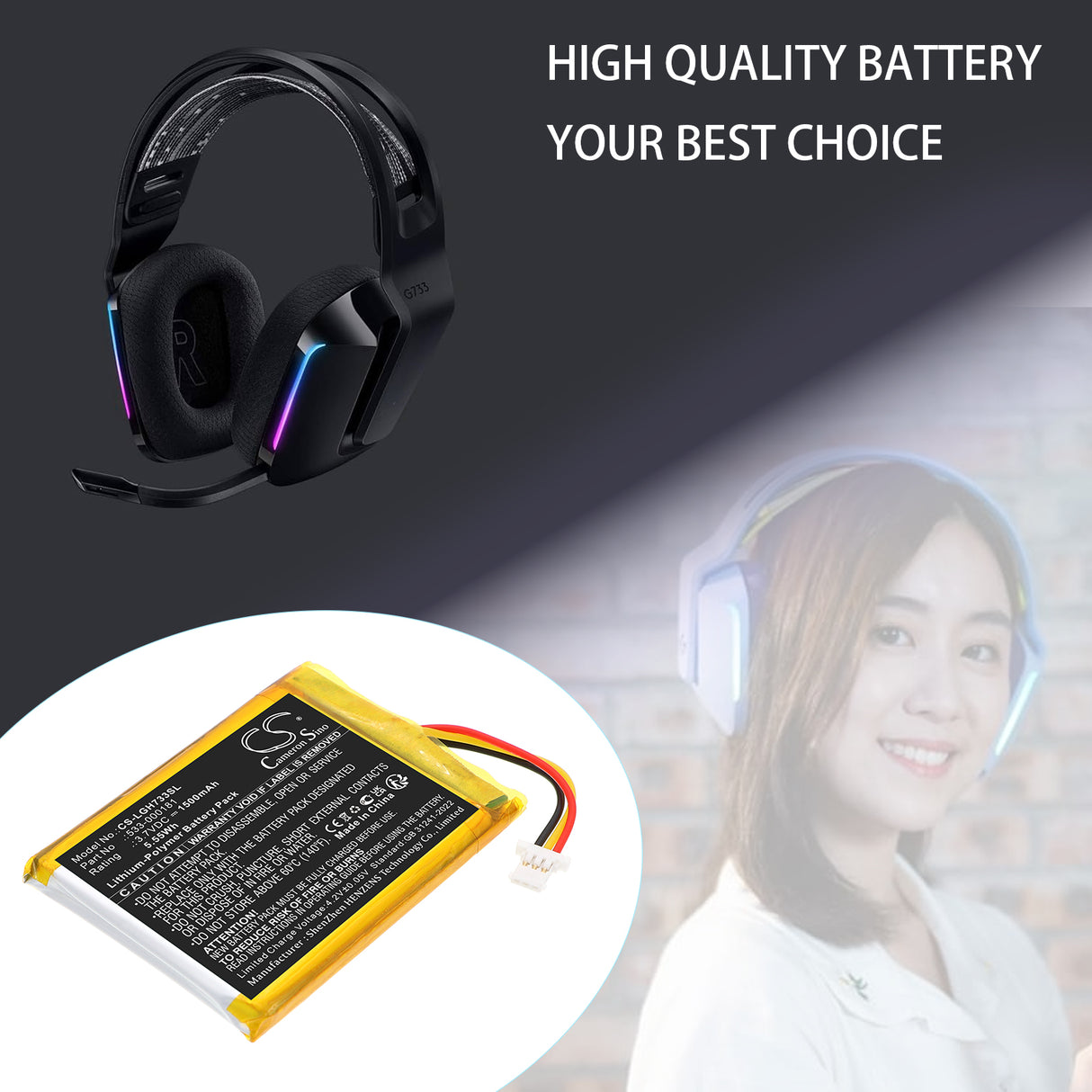 3.7V, Li-Polymer, 1500mAh, Wireless Headset battery fits Logitech, 533-000181, G733, 5.55Wh Wireless Headset Cameron Sino Technology Limited