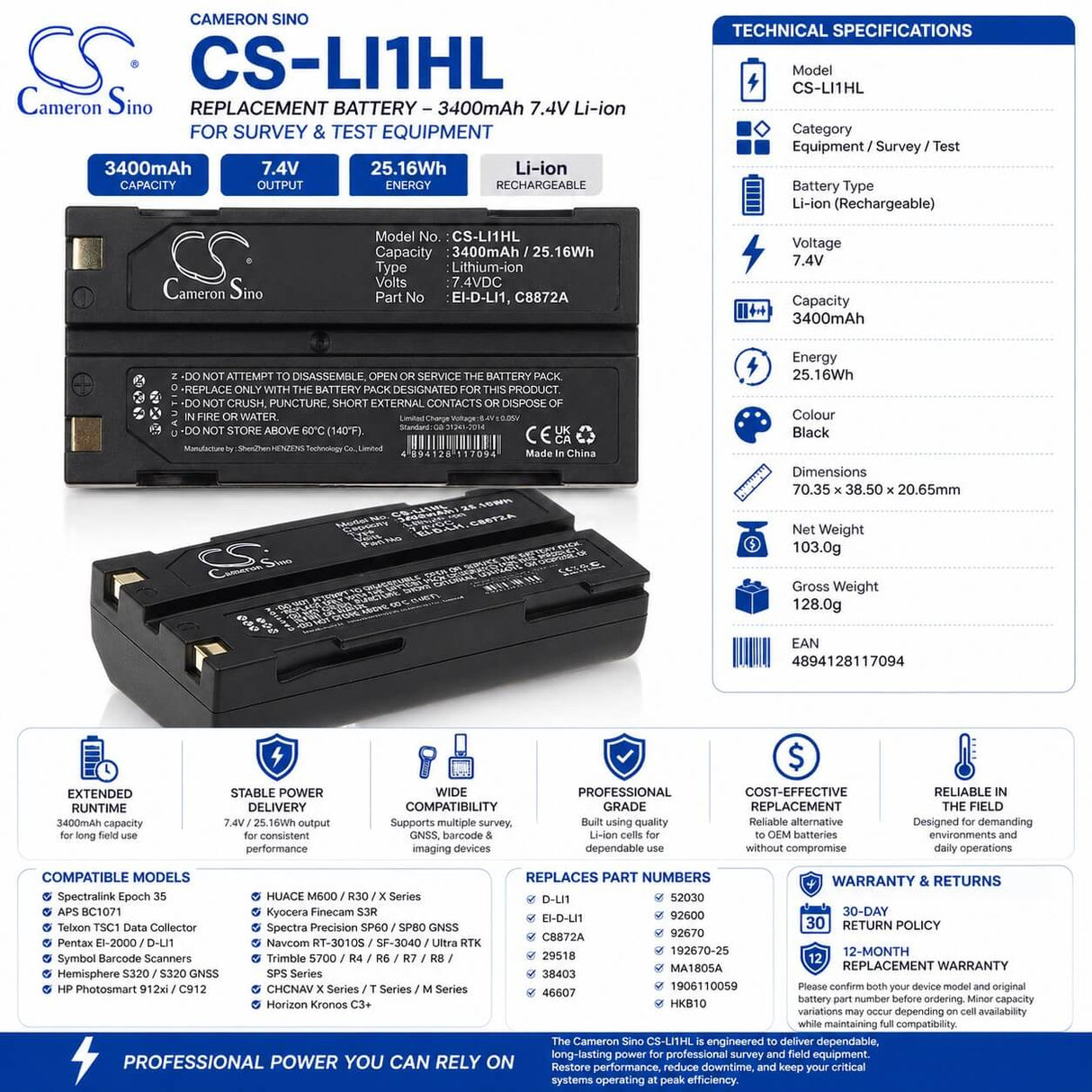 Equipment Battery for Trimble 92600, Tr-r8, 5700 7.4v, 3400mah - 25.16wh Equipment, Survey, Test Cameron Sino Technology Limited