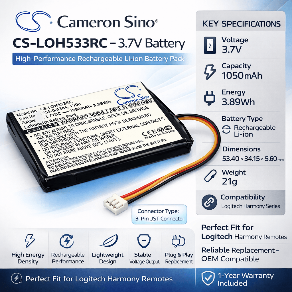3.7V, Li-ion, 1050mAh, Remote Control battery fits Logitech, 915-000198, Harmony Touch, Harmony Ultimate, 3.89Wh Remote Control Cameron Sino Technology Limited