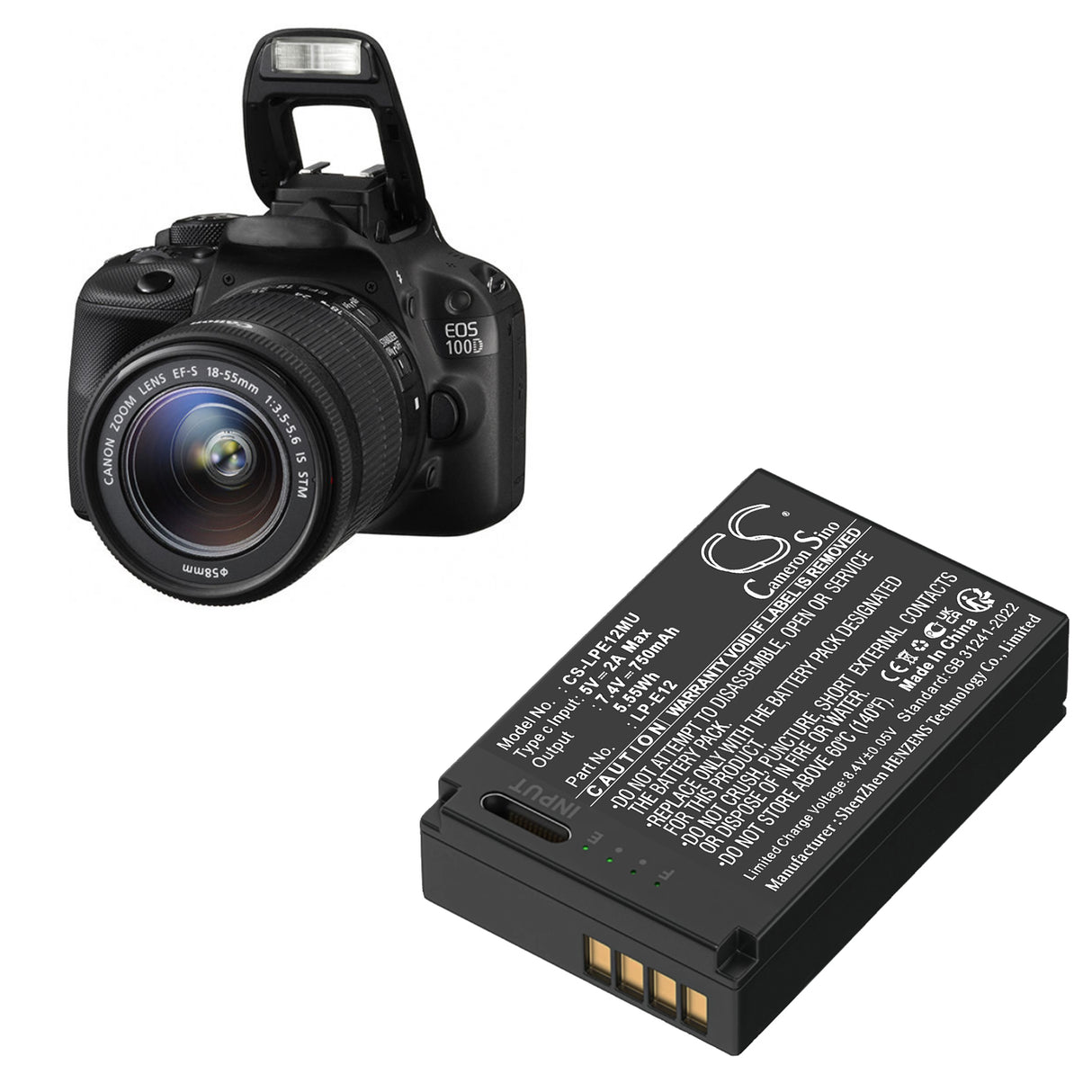 7.4V, Li-ion, 750mAh, Batterie pour appareil photo compatible avec Canon, LP-E12, EOS 100D, EOS Kiss X7, 5.55Wh Appareil photo Cameron Sino Technology Limited (Appareil photo)