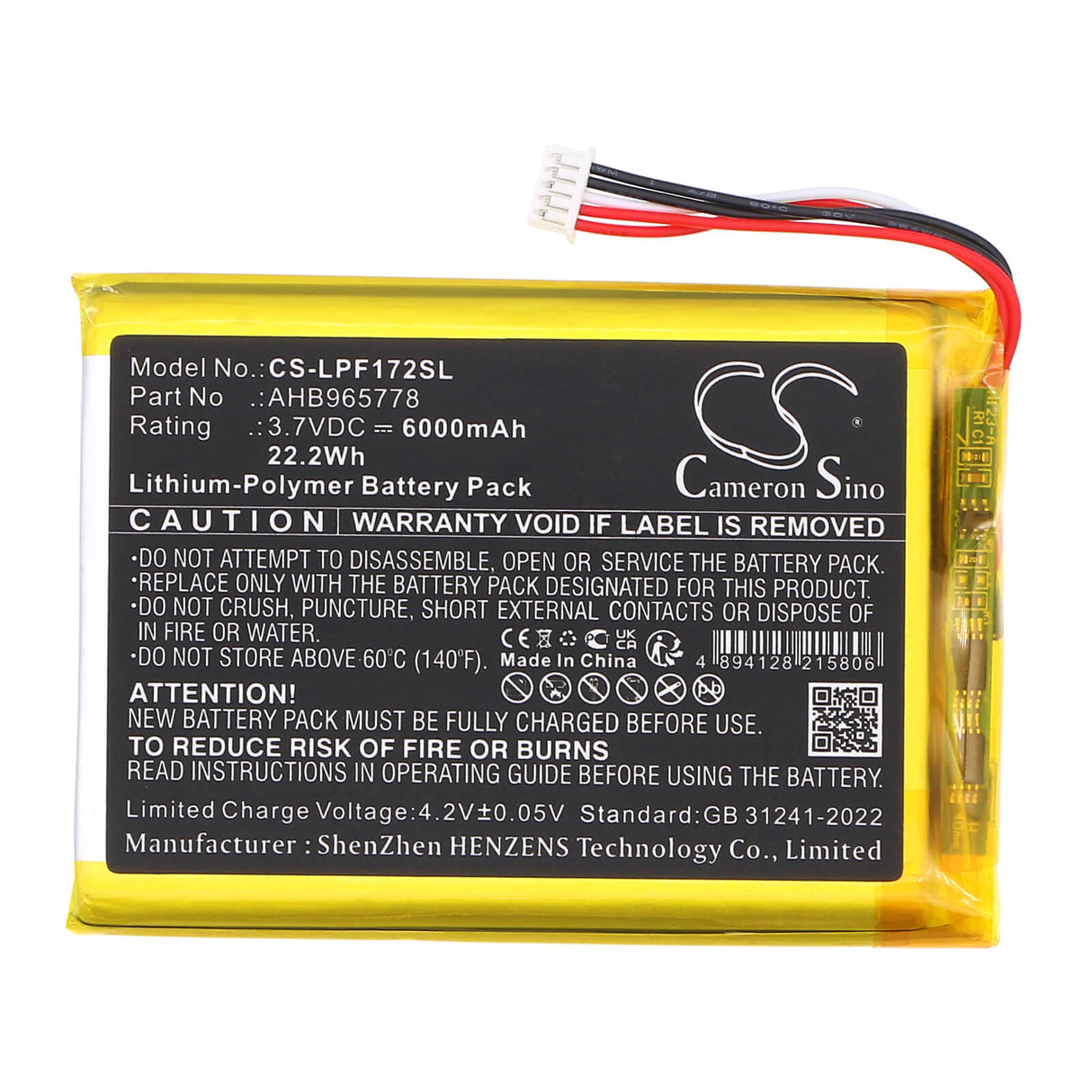 3.7V, Li-Polymer, 6000mAh, BabyPhone battery fits Leapfrog, Ahb965778, Lf1726-2fhd Baby Monitor, Lf1726fhd Baby Monitor, 22.2Wh BabyPhone Cameron Sino Technology Limited