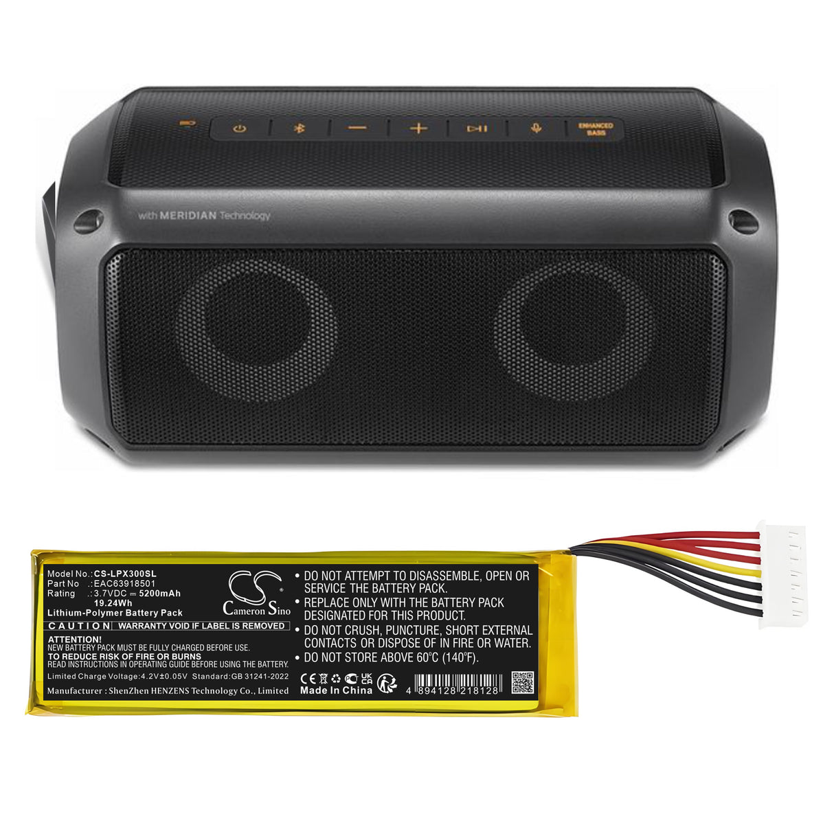 3.7V, Li-Polymer, 5200mAh, Speaker battery fits Lg, Eac63918501, Pk3, Pk3-n, 19.24Wh Speaker Cameron Sino Technology Limited