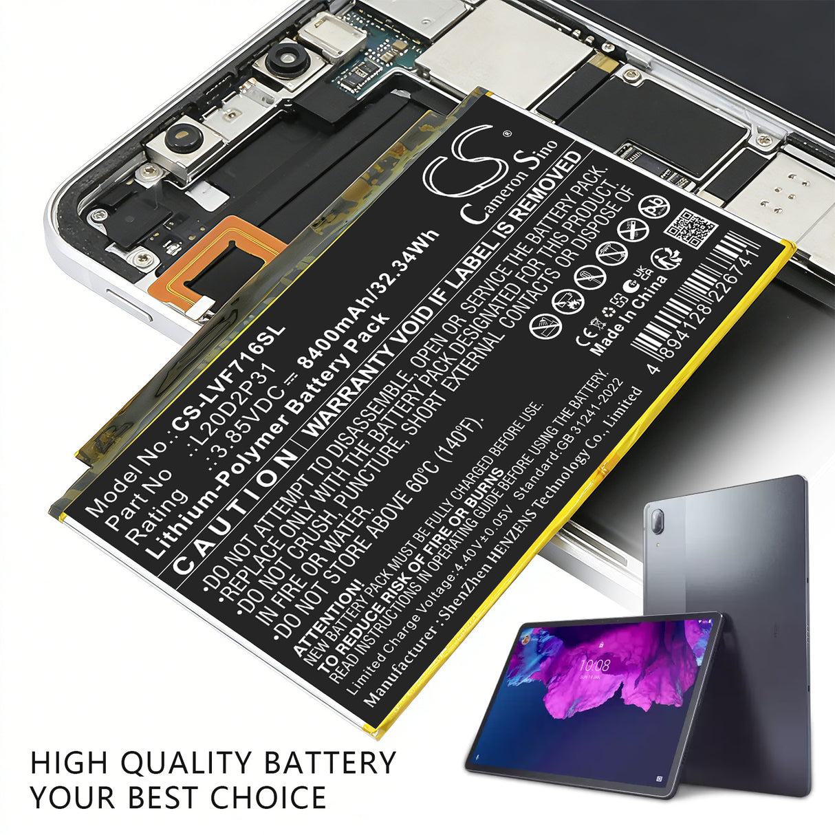 3.85V, Li-Polymer, 8400mAh, Tablet battery fits Lenovo, L20B2P31, Pad Pro 2021, TB-J706F, 32.34Wh Tablet Cameron Sino Technology Limited