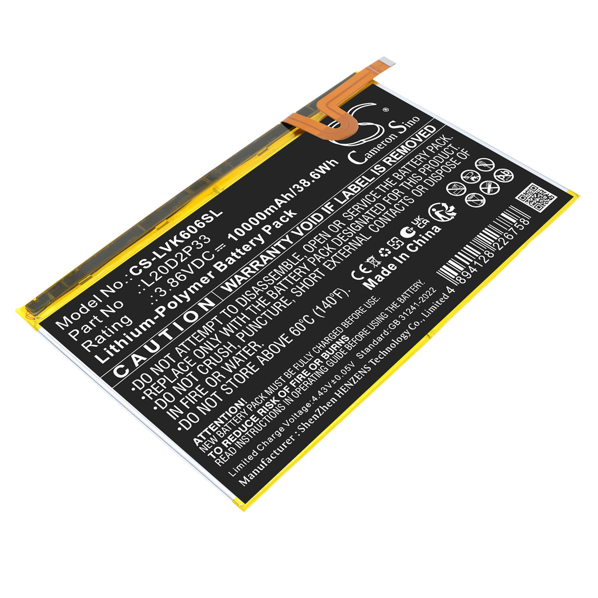 3.86V, Li-Polymer, 10000mAh, Tablet battery fits Lenovo, L20C2P33, Yoga Pad Pro, YT-K606FW, 38.6Wh Tablet Cameron Sino Technology Limited