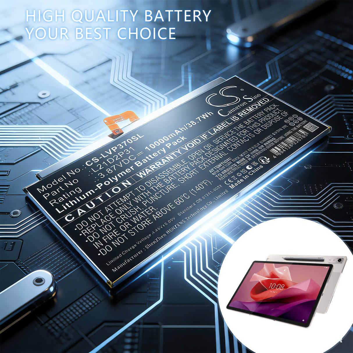 3.87V, Li-Polymer, 10000mAh, Tablet battery fits Lenovo, L21C2P31, Tab P12, Tab P12 2023, 38.7Wh Tablet Cameron Sino Technology Limited