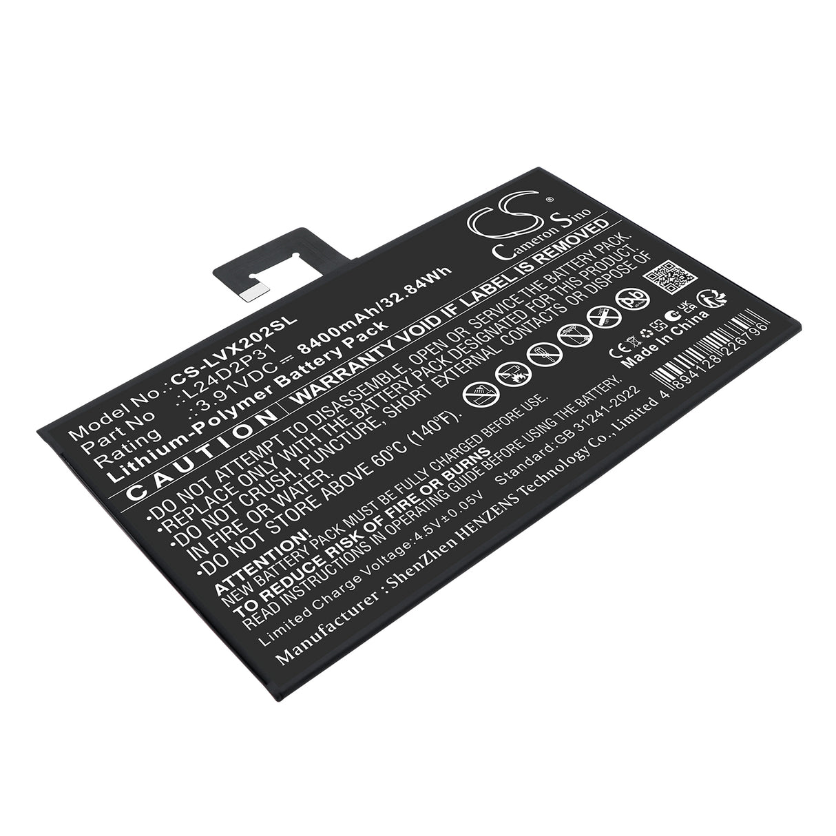 3.91V, Li-Polymer, 8400mAh, Tablet battery fits Lenovo, L24D2P31, XiaoXin Pad Pro 2024, 32.84Wh Tablet Cameron Sino Technology Limited
