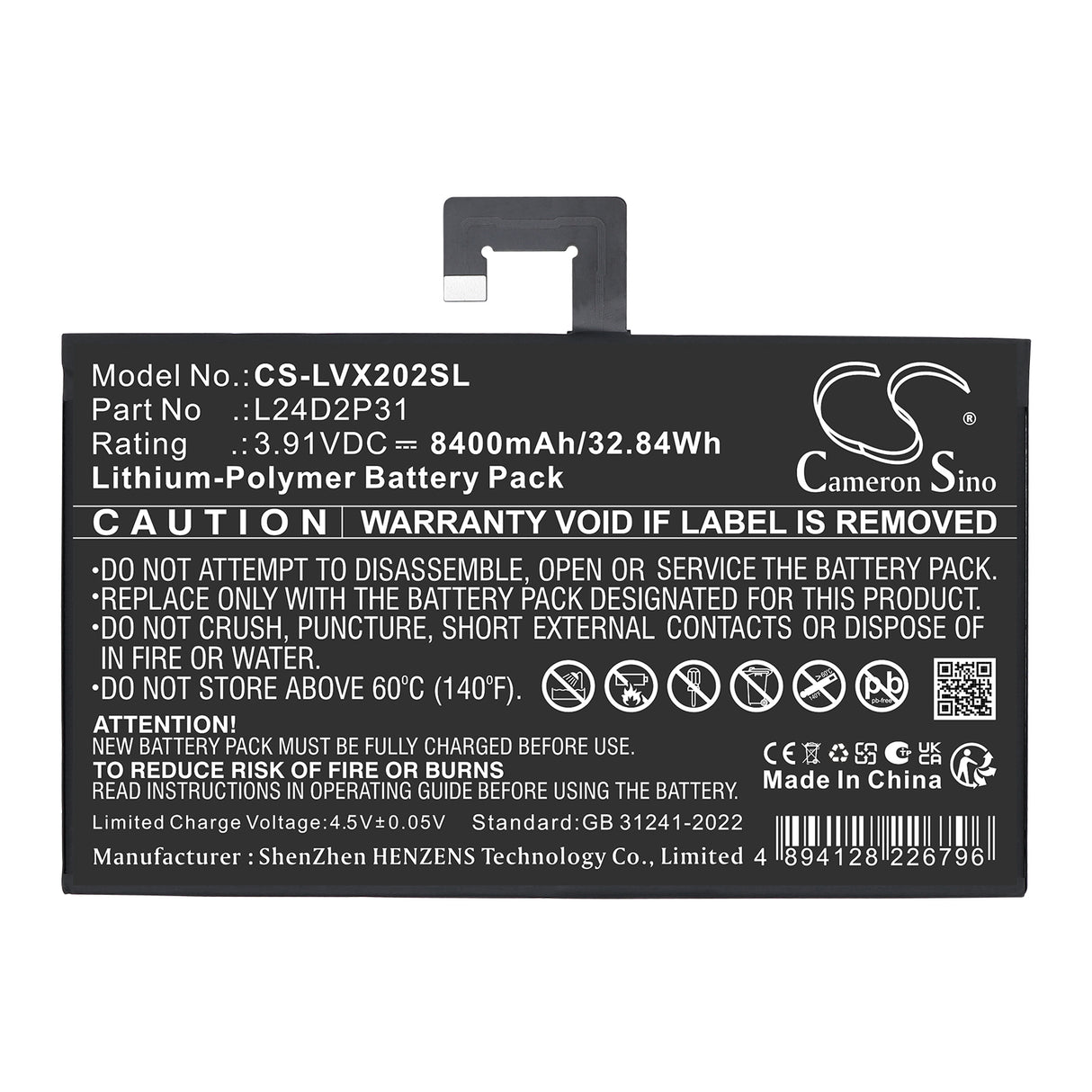 3.91V, Li-Polymer, 8400mAh, Tablet battery fits Lenovo, L24D2P31, XiaoXin Pad Pro 2024, 32.84Wh Tablet Cameron Sino Technology Limited