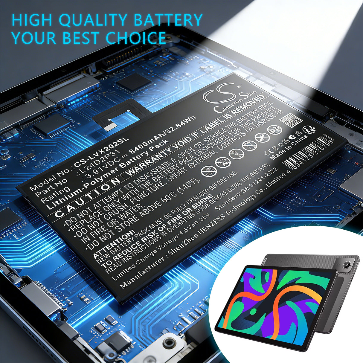 3.91V, Li-Polymer, 8400mAh, Tablet battery fits Lenovo, L24D2P31, XiaoXin Pad Pro 2024, 32.84Wh Tablet Cameron Sino Technology Limited