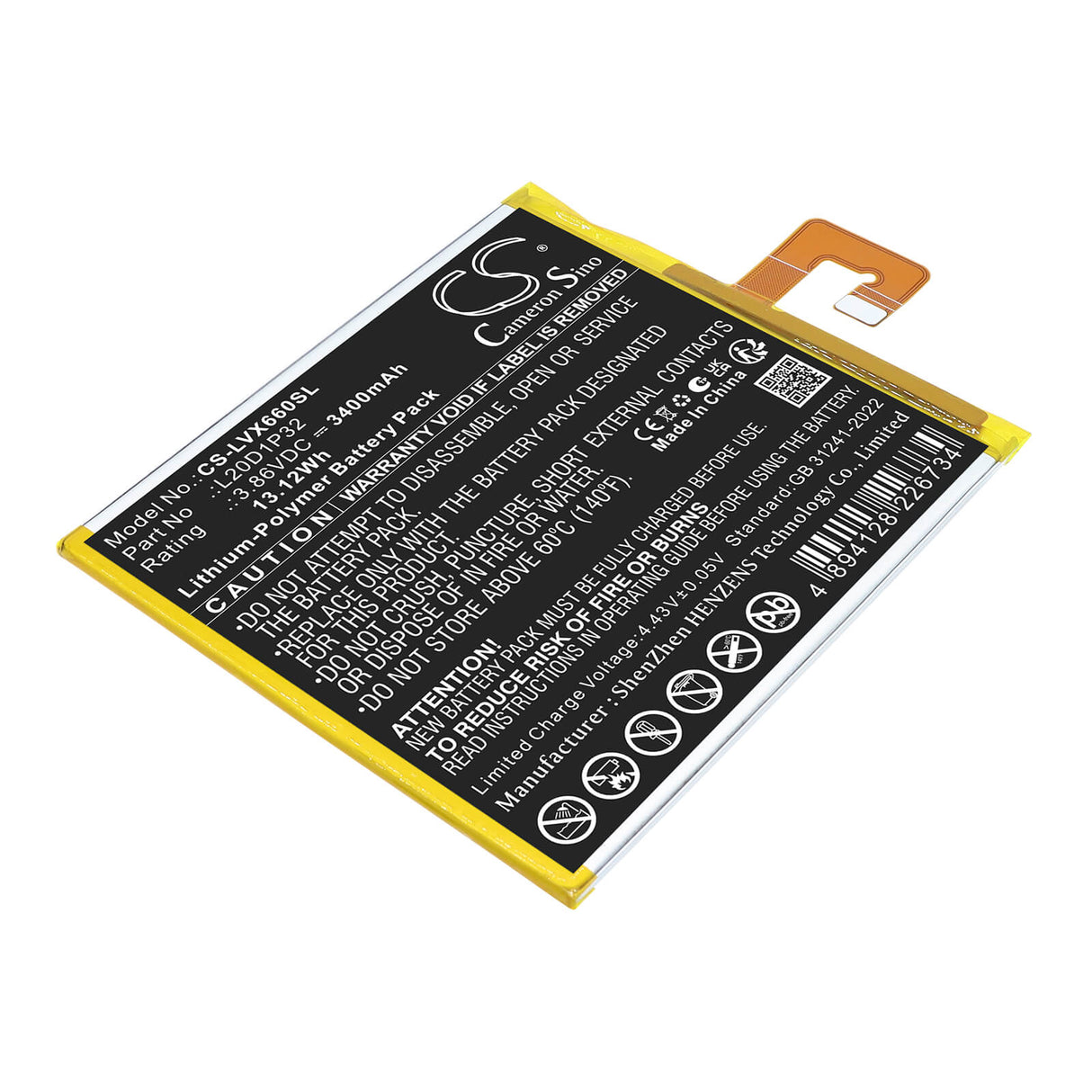 3.86V, Li-Polymer, 3400mAh, Tablet battery fits Lenovo, L20D1P32, TB-X6C6F, TB-X6C6X, 13.12Wh Tablet Cameron Sino Technology Limited