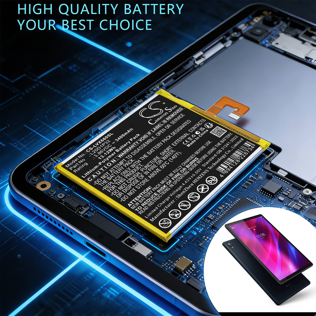 3.86V, Li-Polymer, 3400mAh, Tablet battery fits Lenovo, L20D1P32, TB-X6C6F, TB-X6C6X, 13.12Wh Tablet Cameron Sino Technology Limited