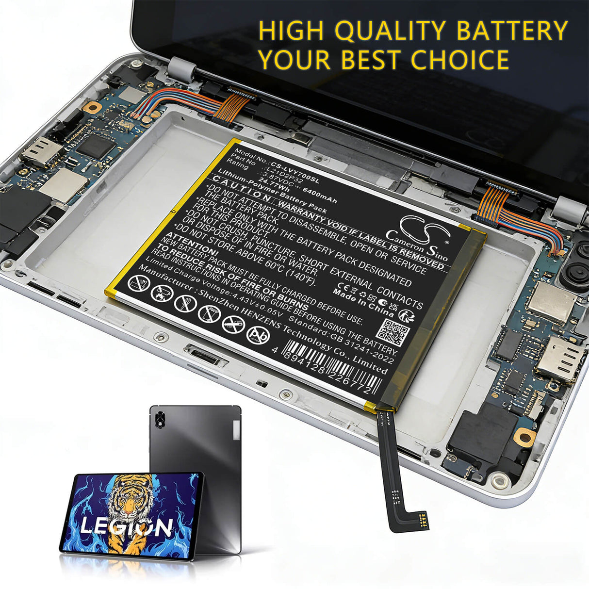 3.87V, Li-Polymer, 6400mAh, Tablet battery fits Lenovo, L21C2P32, Legion Y700, TB-9707F, 24.77Wh Tablet Cameron Sino Technology Limited
