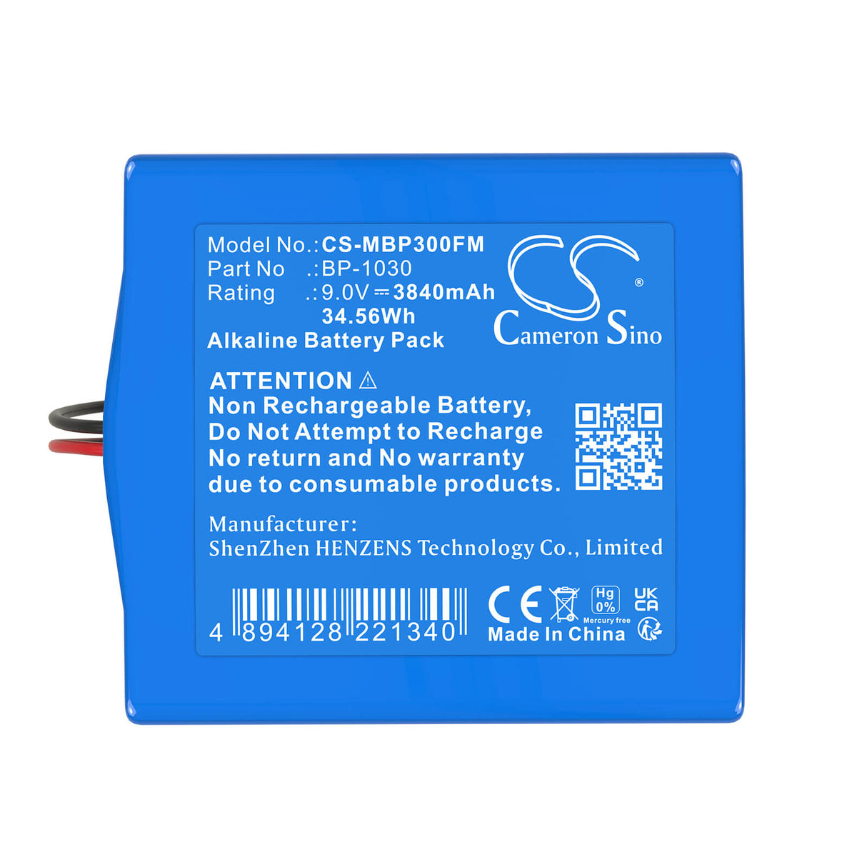 9,0V, Alcaline, 3840mAh, Batterie pour dispositifs de sécurité marine et de flottaison compatible avec Merl Pointer, BP-1030, 3000 ELT Localisateur d'urgence, 34,56Wh Dispositifs de sécurité marine et de flottaison Cameron Sino Technology Limited