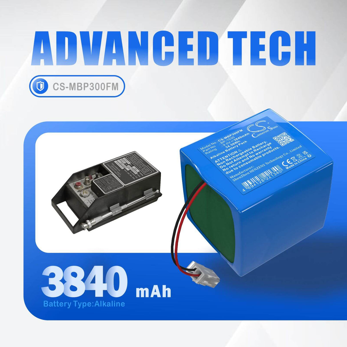 9,0V, Alcaline, 3840mAh, Batterie pour dispositifs de sécurité marine et de flottaison compatible avec Merl Pointer, BP-1030, 3000 ELT Localisateur d'urgence, 34,56Wh Dispositifs de sécurité marine et de flottaison Cameron Sino Technology Limited