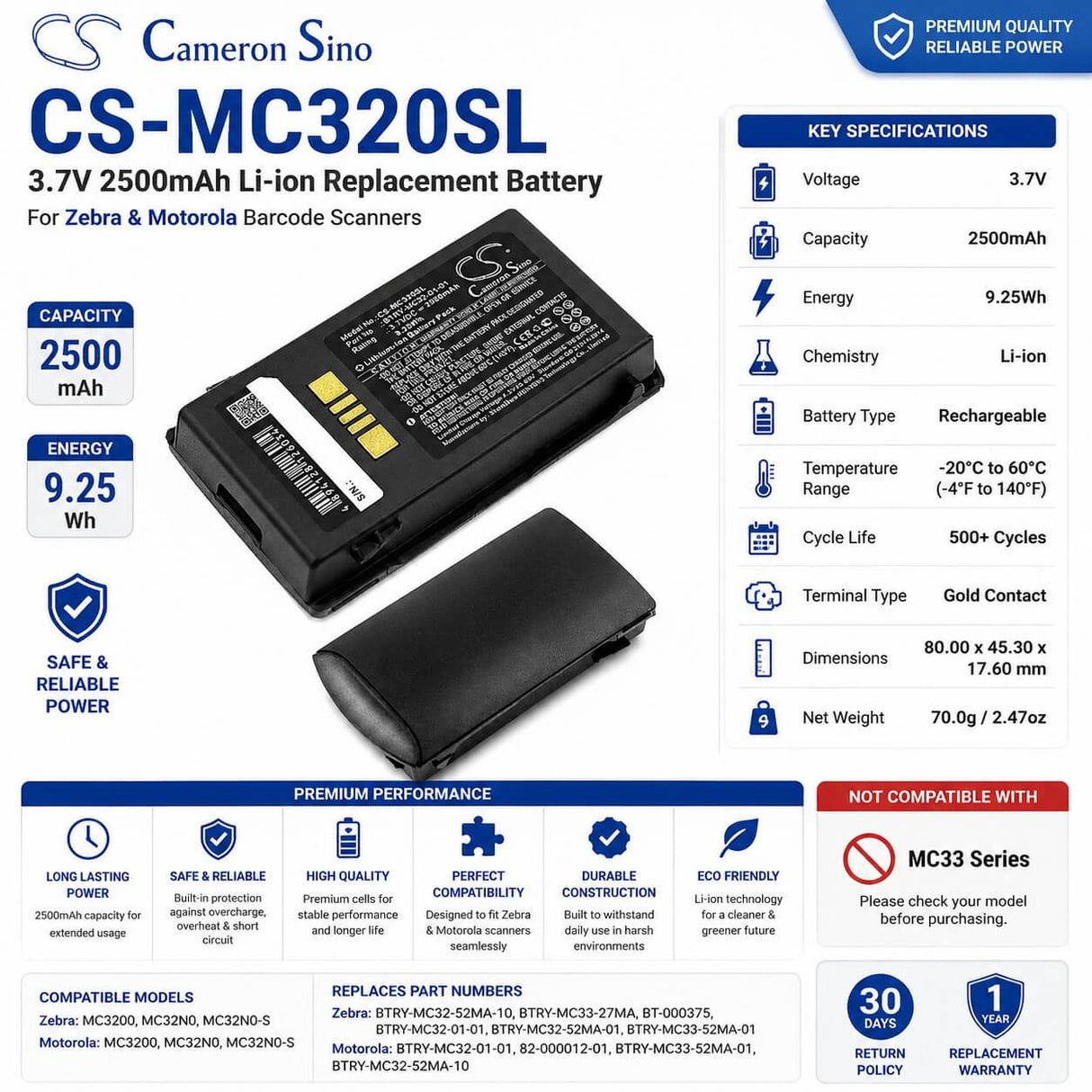 3.7V, Li-ion, 2500mAh, Barcode Scanner battery fits Motorola, Mc3200, Mc32n0, 9.25Wh Barcode Scanner Cameron Sino Technology Limited