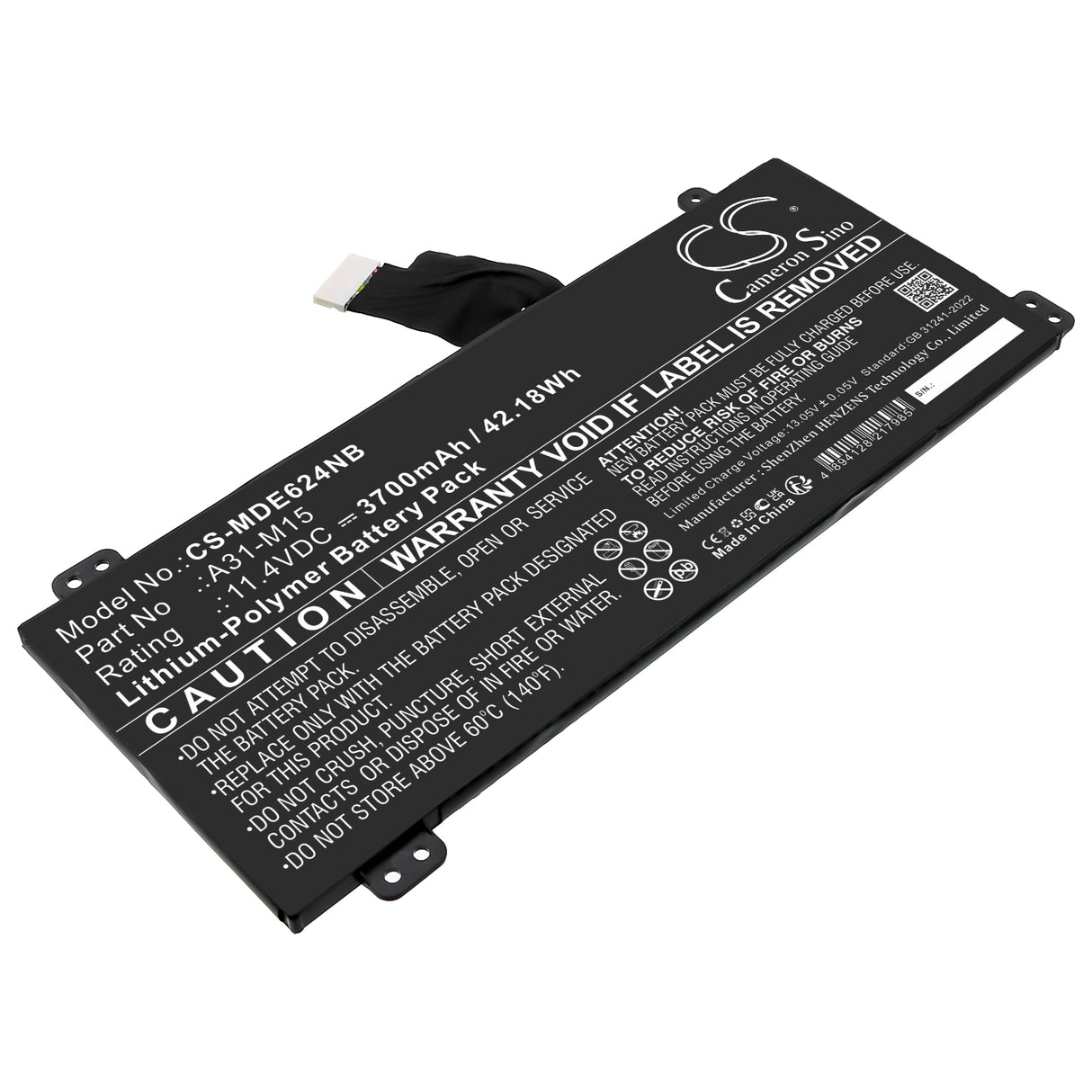 11.4V, Li-Polymer, 3700mAh, Notebook, Laptop battery fits Medion, 0b23-01q9000m, Akoya E6245, Akoya E6245(md 61126 Msn 30025, 42.18Wh Notebook, Laptop Cameron Sino Technology Limited