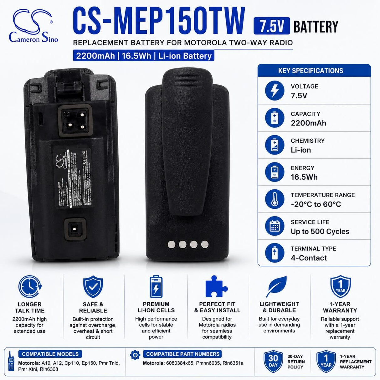 7.5V, Li-ion, 2200mAh, Two-Way Radio battery fits Motorola, 6080384x65, A10, A12, 16.5Wh Two-Way Radio Cameron Sino Technology Limited