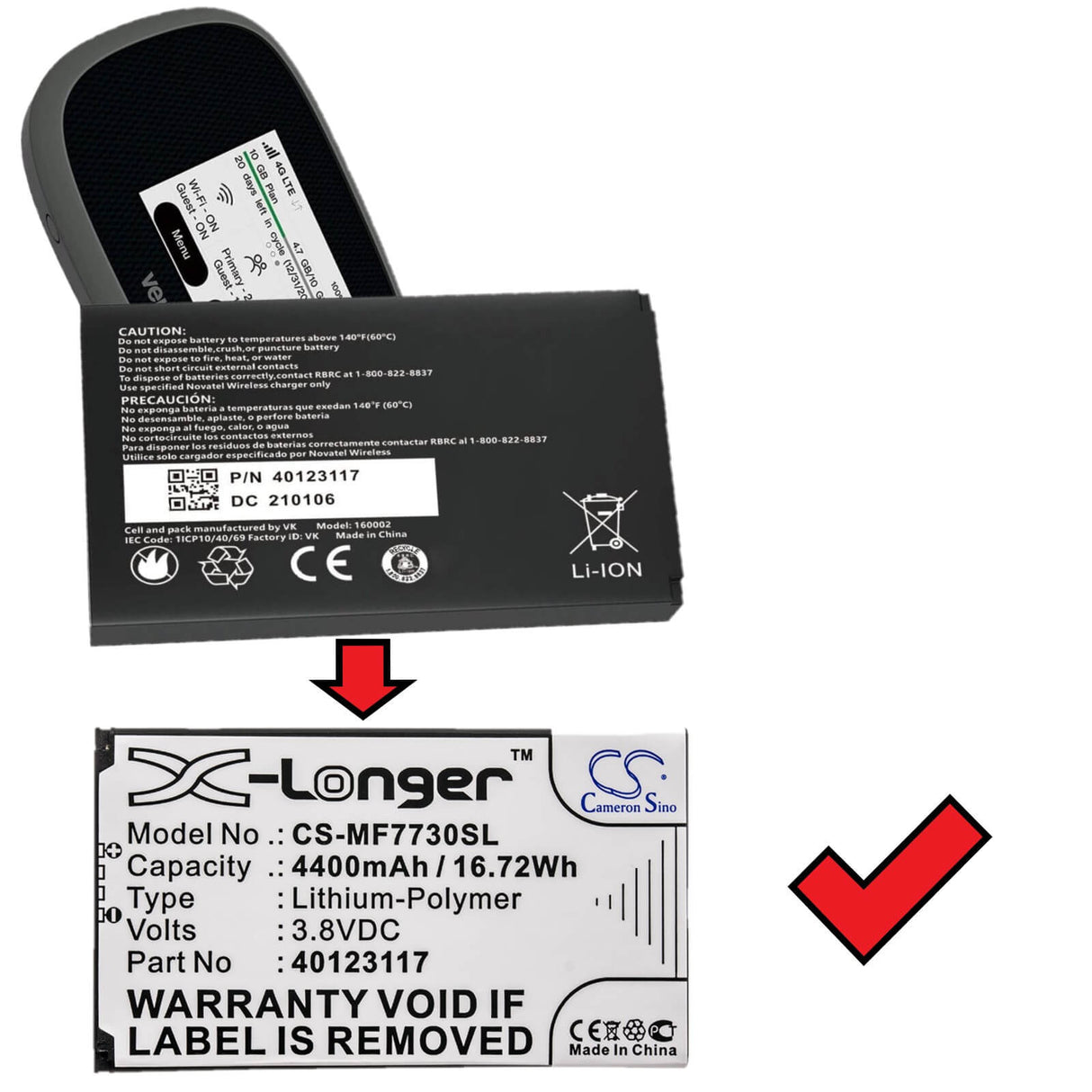 3,8V, Li-Polymer, 4400mAh, batterie Hotspot compatible avec Novatel Wireless, Verizon, 40123117, Jetpack 4g Lte, Jetpack Mifi 7730l, 16,72Wh Hotspot Cameron Sino Technology Limited