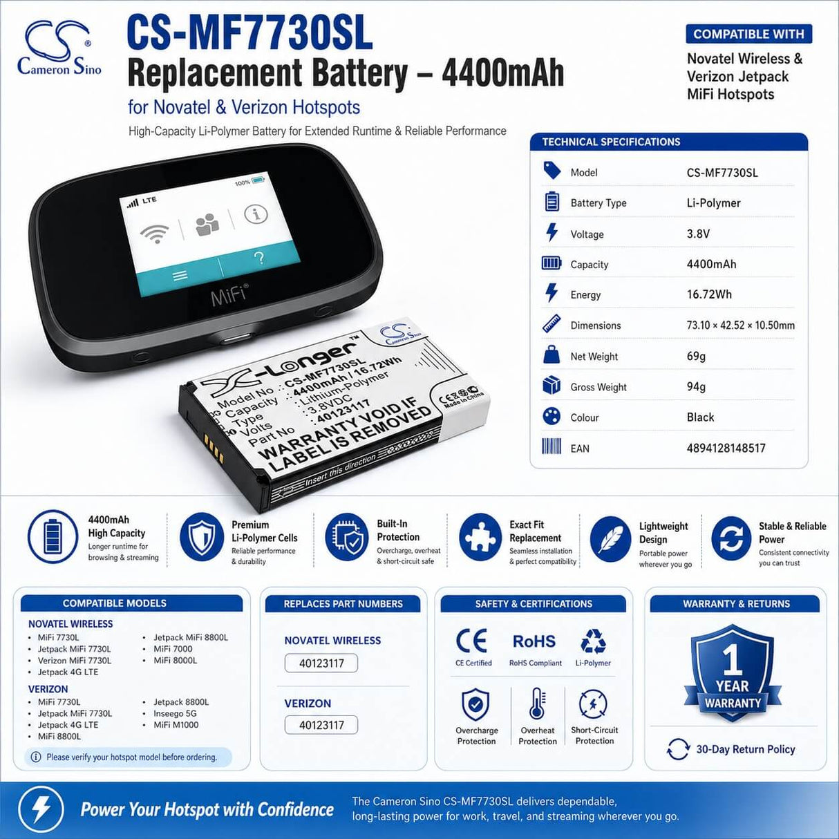 3.8V, Li-Polymer, 4400mAh, Hotspot battery fits Novatel Wireless, Verizon, 40123117, Jetpack 4g Lte, Jetpack Mifi 7730l, 16.72Wh Hotspot Cameron Sino Technology Limited