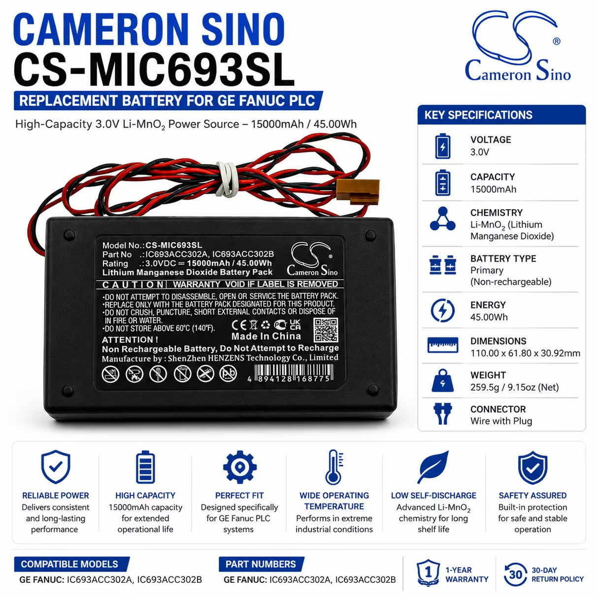 PLC Battery for Ge Fanuc, Ic693acc302a, Ic693acc302b 3v, 15000mah - 45.00wh PLC Cameron Sino Technology Limited