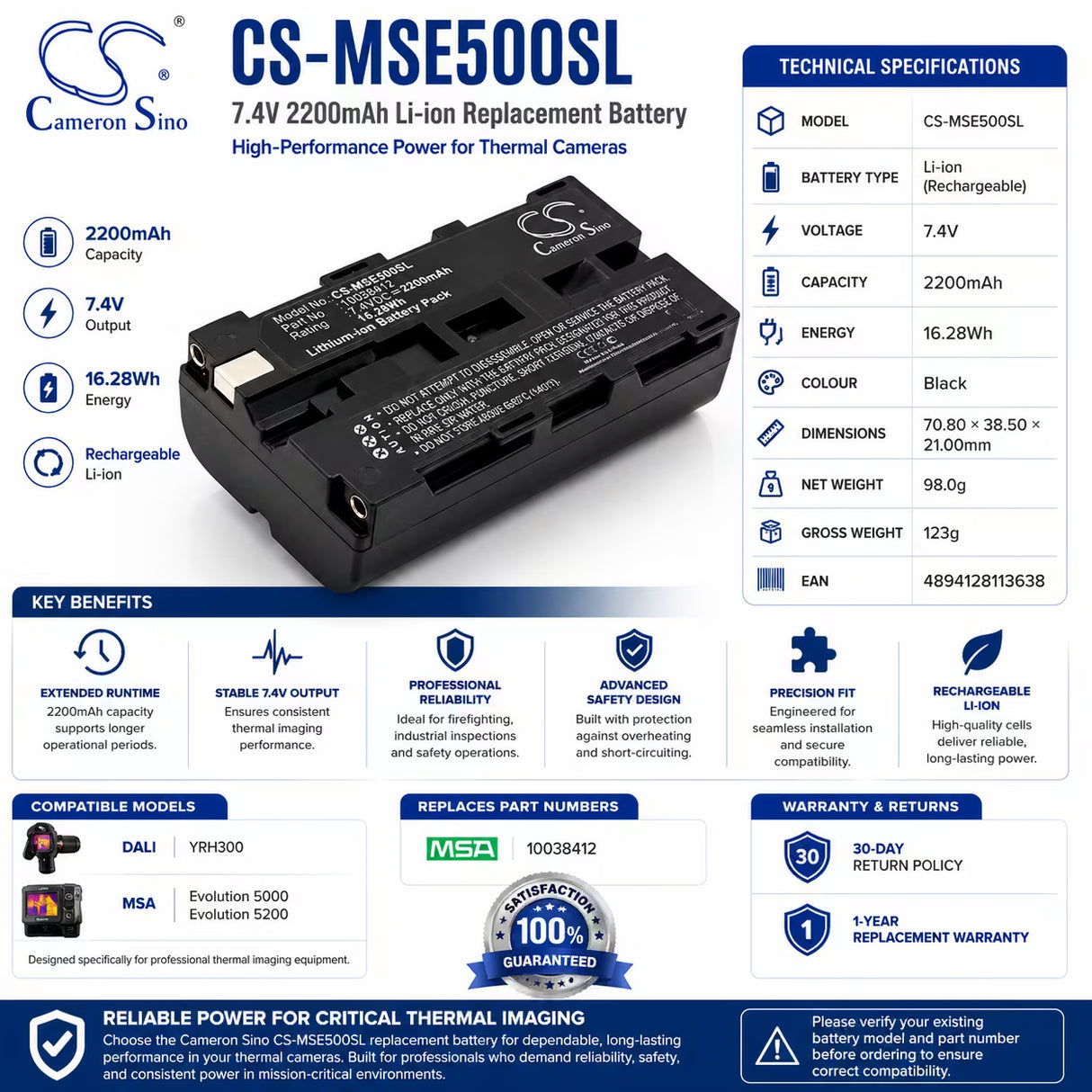 MSA 10038412 Replacement Battery 2200mAh 7.4V Li-ion Thermal Camera Cameron Sino Technology Limited