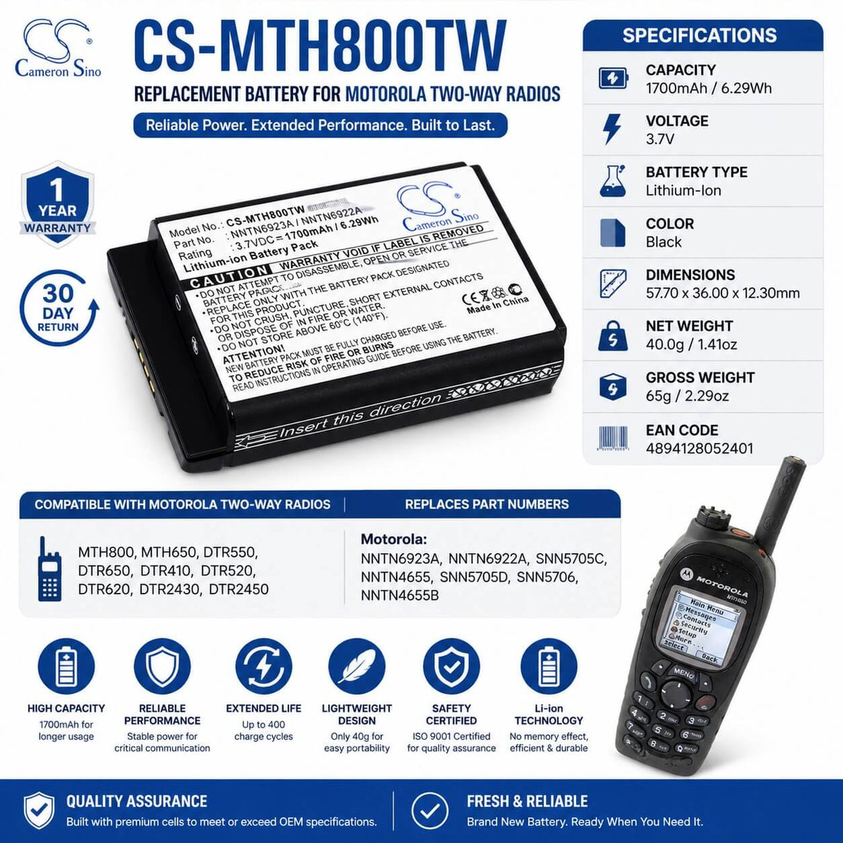 Two-way radio battery For Motorola Mth800, Mth650 3.7v, 1700mah - 6.29wh Two-Way Radio Cameron Sino Technology Limited