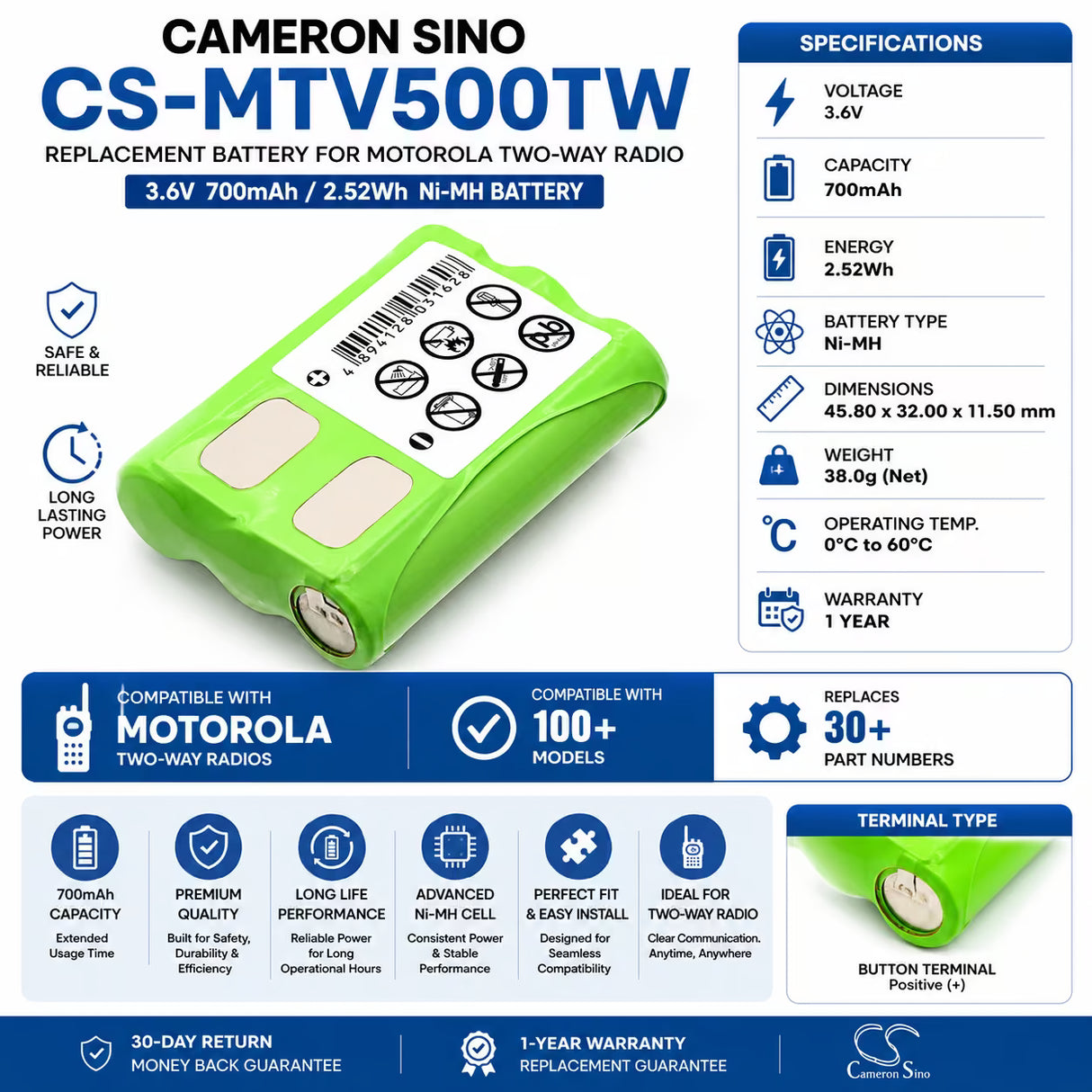 3.6V, Ni-MH, 700mAh, Two-Way Radio battery fits Motorola, 1532, Em1000, Em1000r, 2.52Wh Two-Way Radio Cameron Sino Technology Limited