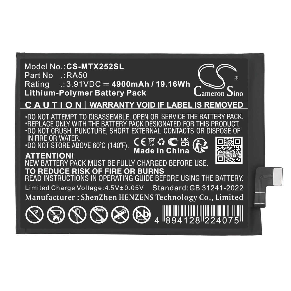 3.91V, Li-Polymer, 4900mAh, Mobile, SmartPhone battery fits Motorola, RA50, Moto G 5G 2025, Moto G15 NFC 2025, 19.16Wh Mobile, SmartPhone Cameron Sino Technology Limited