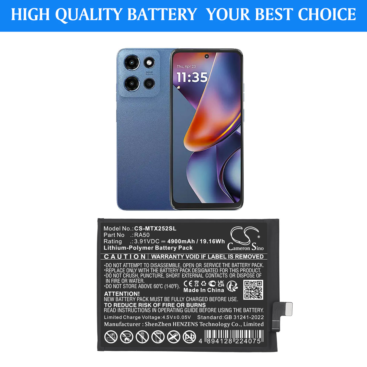 3.91V, Li-Polymer, 4900mAh, Mobile, SmartPhone battery fits Motorola, RA50, Moto G 5G 2025, Moto G15 NFC 2025, 19.16Wh Mobile, SmartPhone Cameron Sino Technology Limited