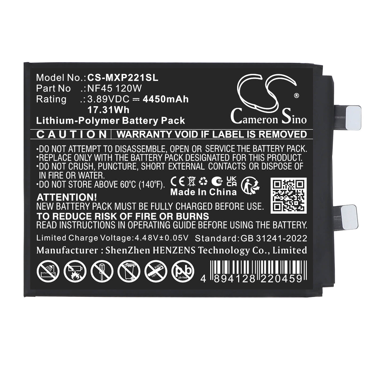 3.89V, Li-Polymer, 4450mAh, Mobile, SmartPhone battery fits Motorola, NF45 120W, Edge 30 Ultra (120W), Moto X30 Pro (120W), 17.31Wh Mobile, SmartPhone Cameron Sino Technology Limited