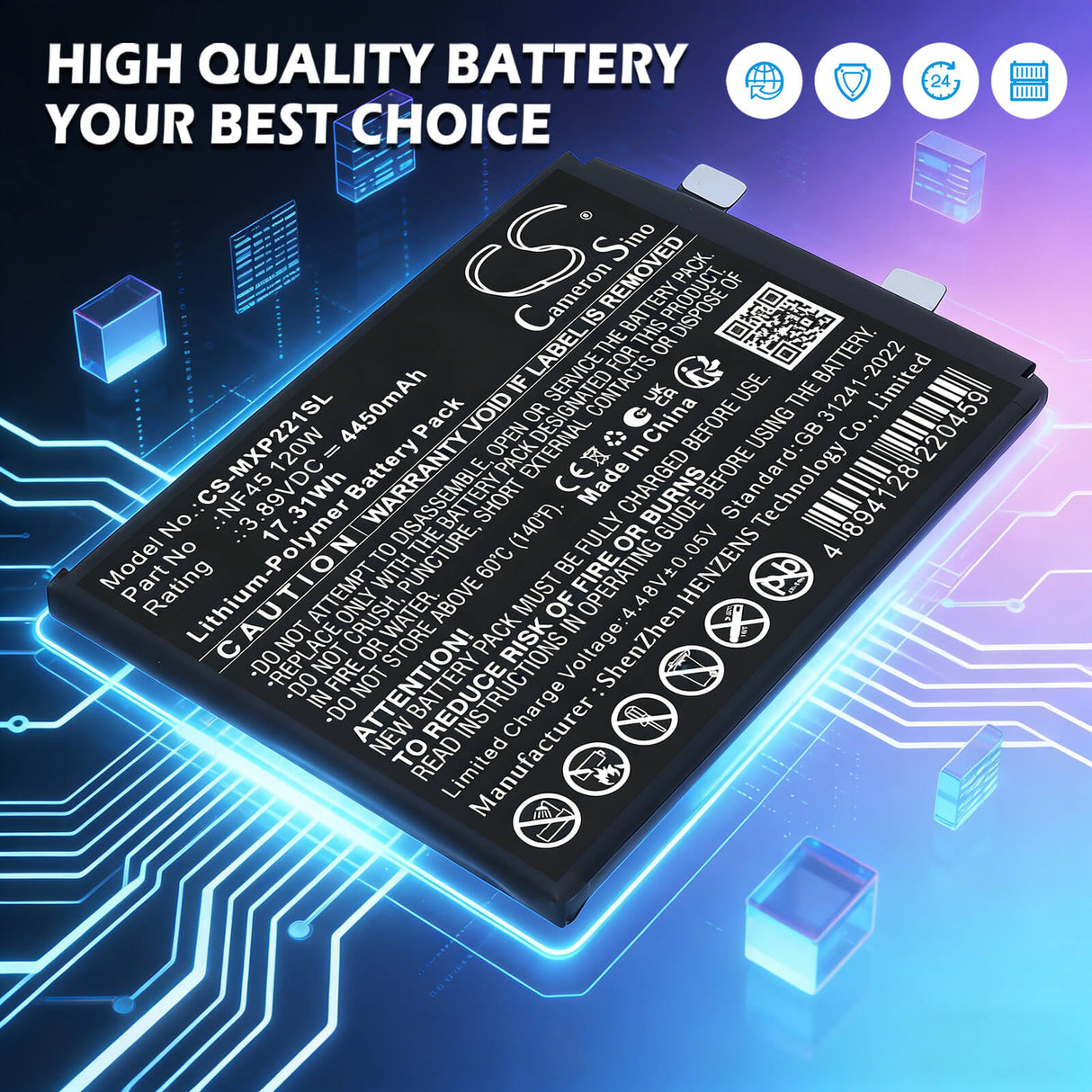 3.89V, Li-Polymer, 4450mAh, Mobile, SmartPhone battery fits Motorola, NF45 120W, Edge 30 Ultra (120W), Moto X30 Pro (120W), 17.31Wh Mobile, SmartPhone Cameron Sino Technology Limited