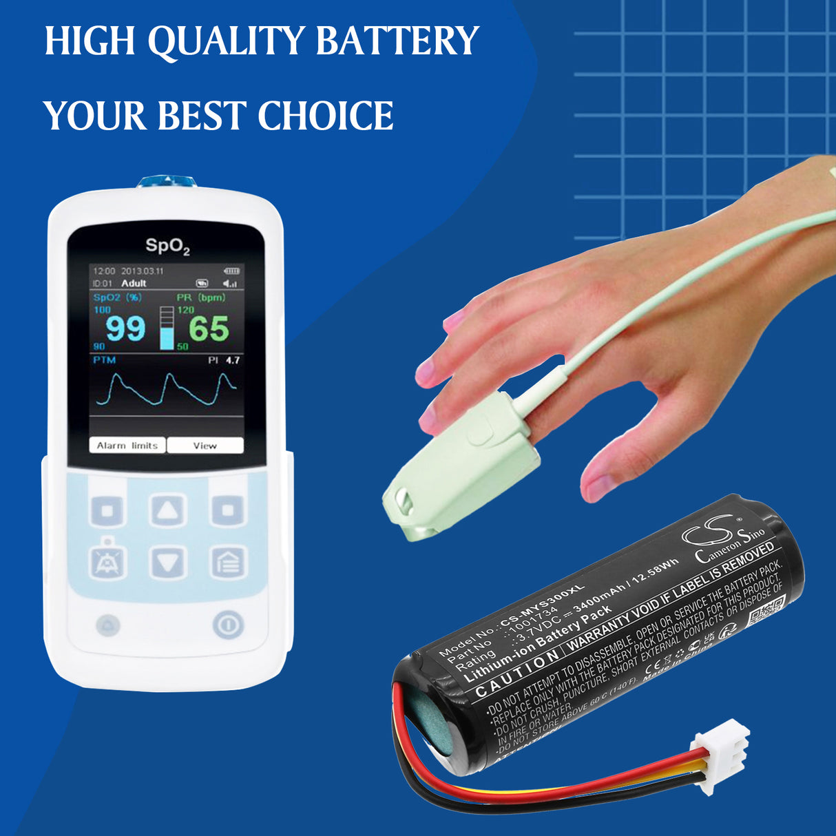 3.7V, Li-ion, 3400mAh, Medical battery fits Envitec, 1001734, 1001844, MySign O O2 Meter, 12.58Wh Medical Cameron Sino Technology Limited