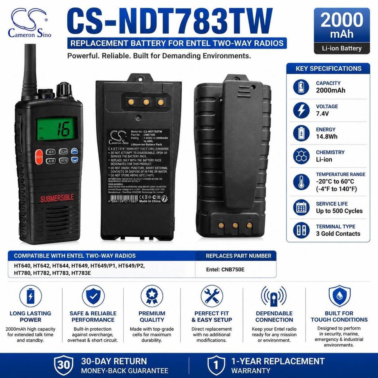 7.4V, Li-ion, 2000mAh, Two-Way Radio battery fits Entel, CNB750E, HT640, HT642, 14.8Wh Two-Way Radio Cameron Sino Technology Limited