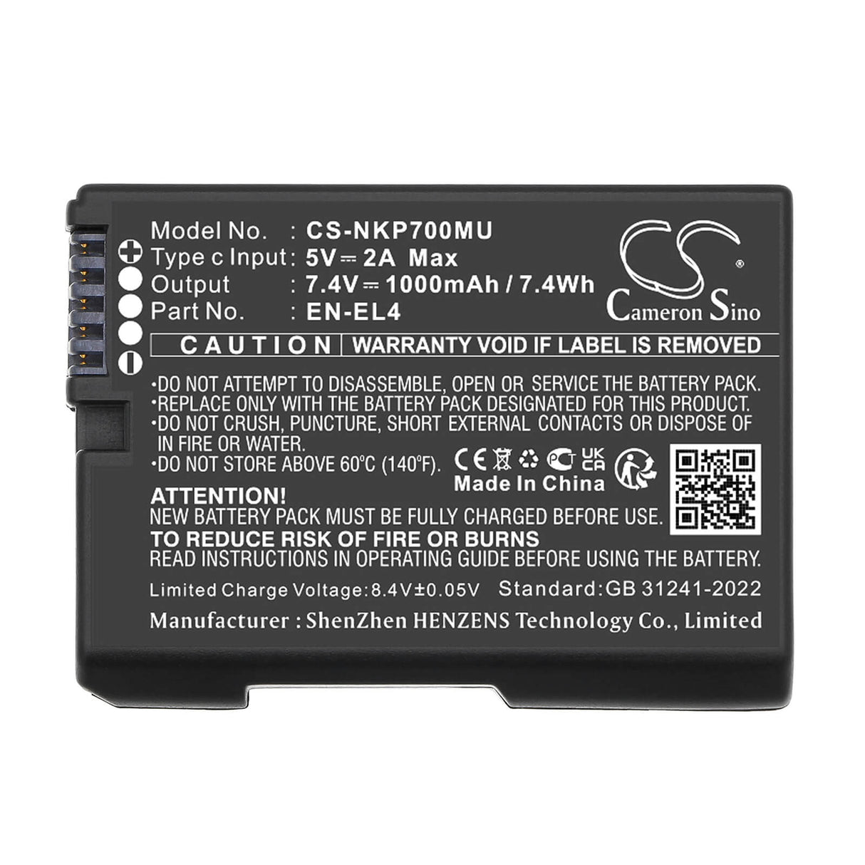 7.4V, Li-ion, 1000mAh, Batterie d'appareil photo compatible avec Nikon, EN-EL4, D2H, D2Hs, 7.4Wh Appareil photo Cameron Sino Technology Limited