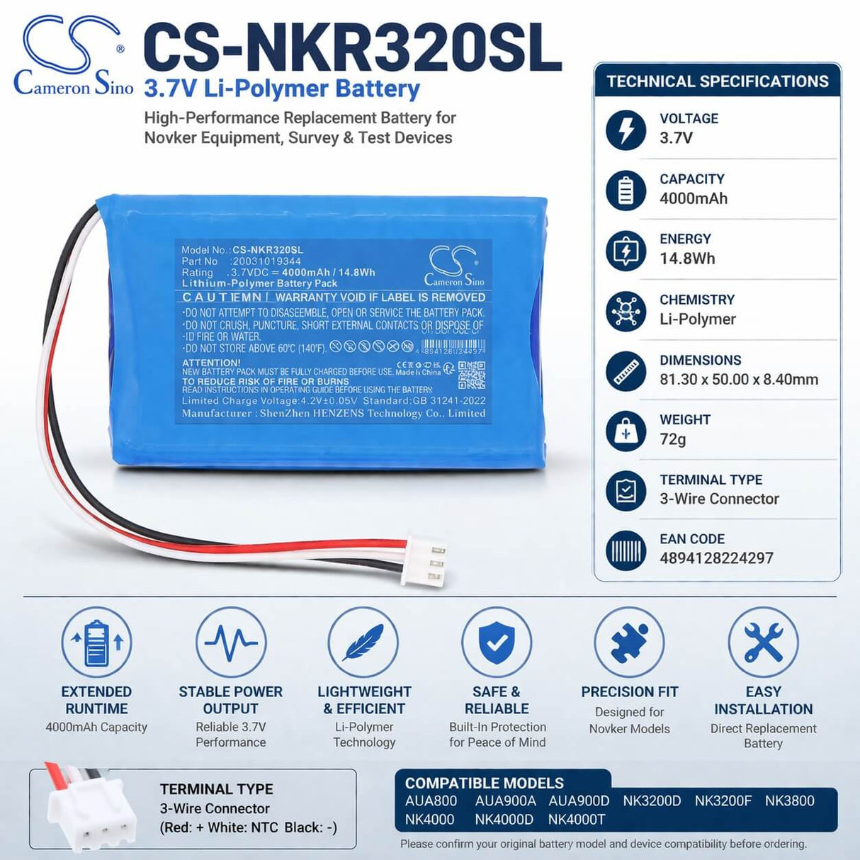 3.7V, Li-Polymer, 4000mAh, Equipment, Survey, Test battery fits Novker, 20031019344, AUA800, AUA900A, 14.8Wh Equipment, Survey, Test Cameron Sino Technology Limited
