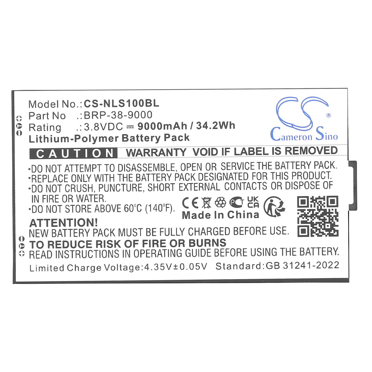 3.8V, Li-Polymer, 9000mAh, Tablet battery fits Newland, BRP-38-9000, SD100 Orion II MD, 34.2Wh Tablet Cameron Sino Technology Limited
