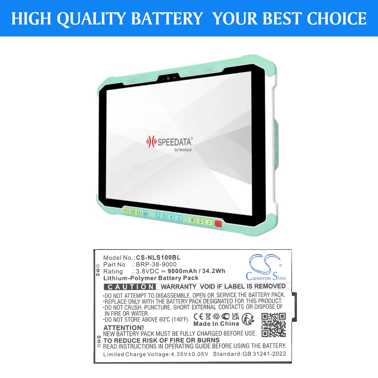 3.8V, Li-Polymer, 9000mAh, Tablet battery fits Newland, BRP-38-9000, SD100 Orion II MD, 34.2Wh Tablet Cameron Sino Technology Limited
