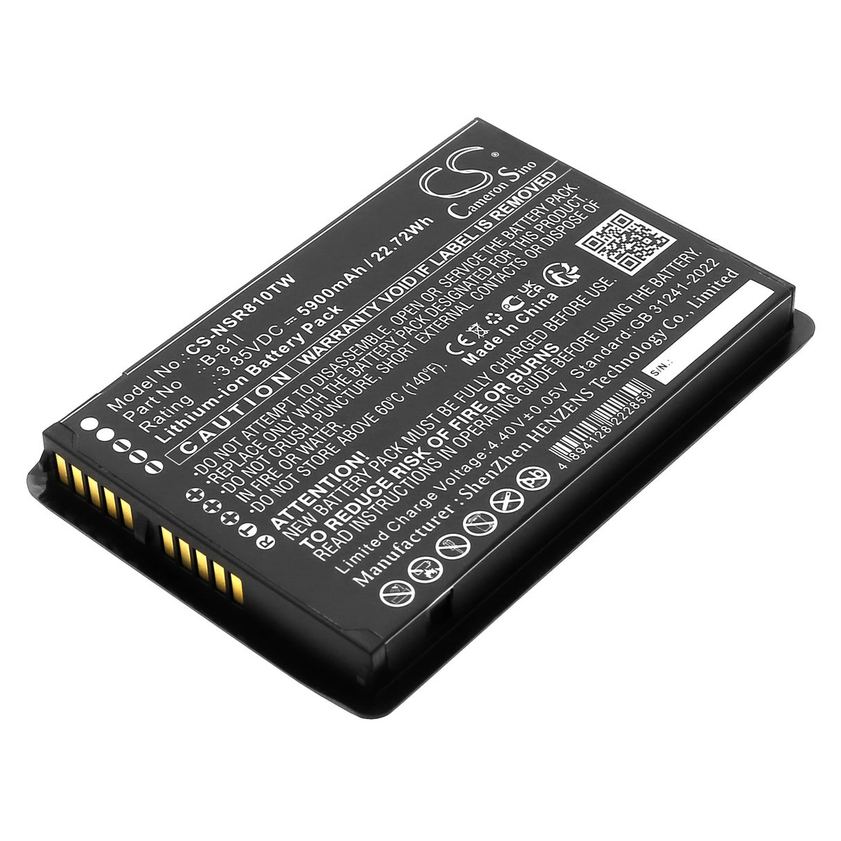 3.85V, Li-ion, 5900mAh, Two-Way Radio battery fits Inrico, B-81I, BS-81G, 22.72Wh Two-Way Radio Cameron Sino Technology Limited