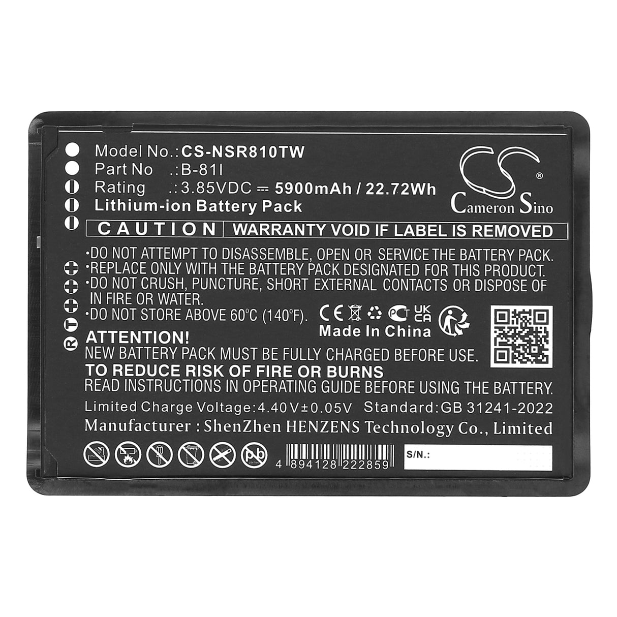 3.85V, Li-ion, 5900mAh, Two-Way Radio battery fits Inrico, B-81I, BS-81G, 22.72Wh Two-Way Radio Cameron Sino Technology Limited