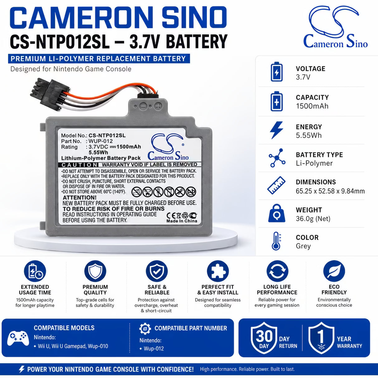 Nintendo WUP-012 Wii U GamePad Replacement Battery 1500mAh Game Console Cameron Sino Technology Limited