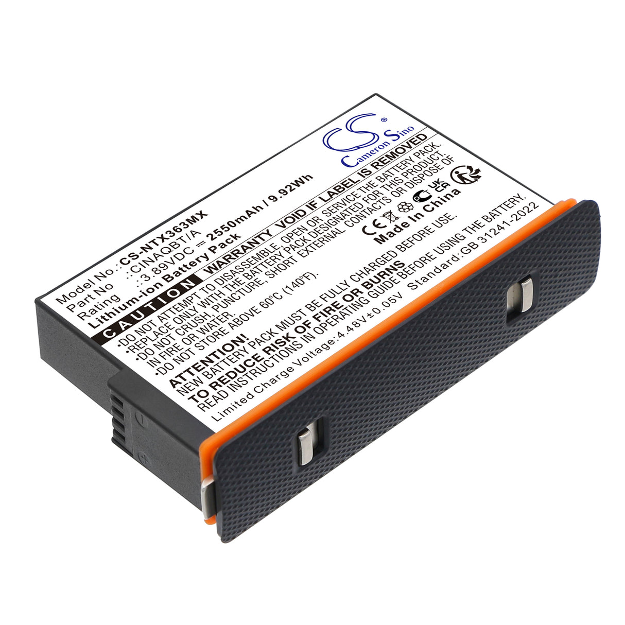 3.89V, Li-ion, 2550mAh, Camera battery fits Insta360, CINAQBT/A, One X3, 9.92Wh Camera Cameron Sino Technology Limited