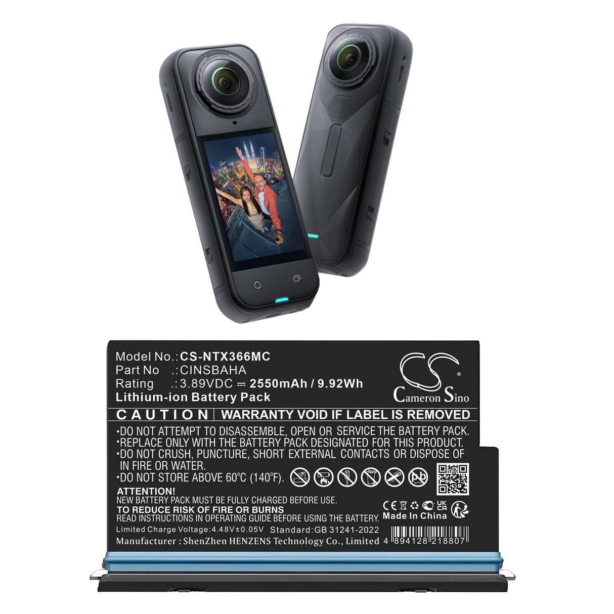 3,89V, Li-ion, 2550mAh, Batterie pour appareil photo compatible avec Insta360, Cinsbaha, One X5, 9,92Wh Appareil photo Cameron Sino Technology Limited