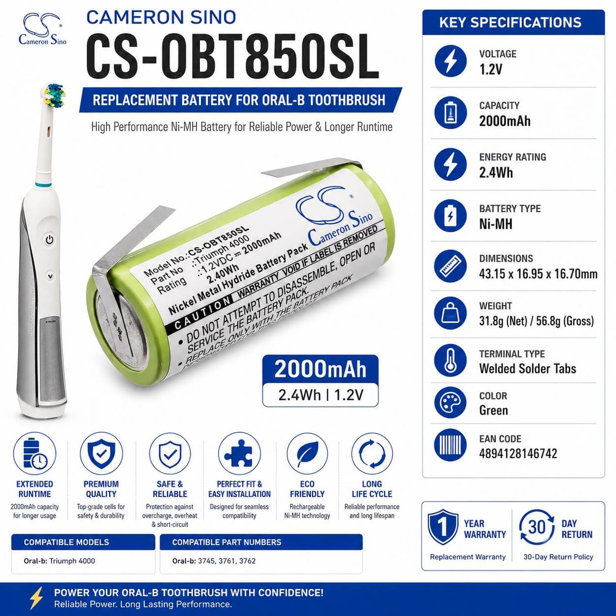 1.2V, Ni-MH, 2000mAh, Toothbrush battery fits Oral-b, 3745, Triumph 4000, 2.4Wh Toothbrush Cameron Sino Technology Limited