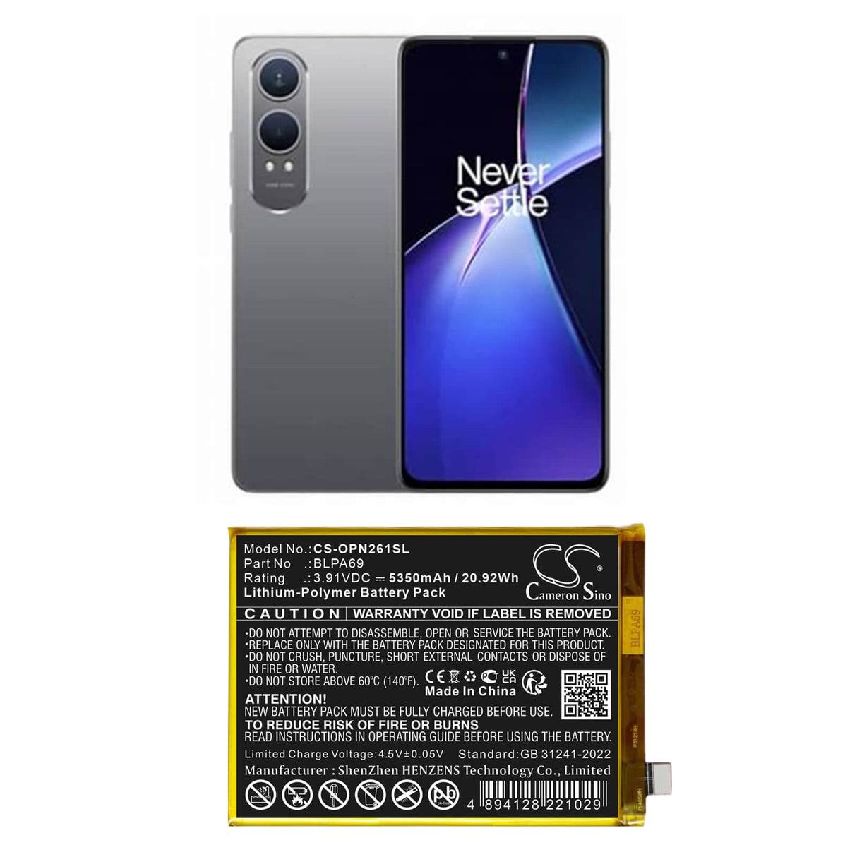 3.91V, Li-Polymer, 5350mAh, Mobile, SmartPhone battery fits Oneplus, BLPA69, CPH2619, CPH2621, 20.92Wh Mobile, SmartPhone Cameron Sino Technology Limited