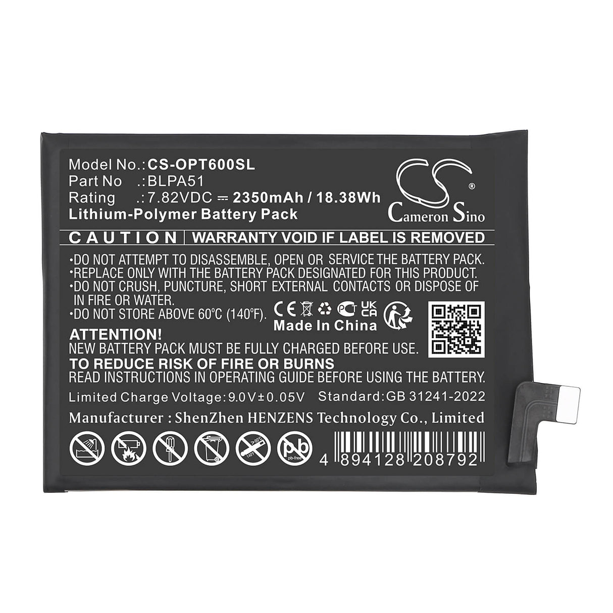 7,82V, Li-Polymer, 2650mAh, batterie de smartphone compatible avec Realme, Oppo, Blpa51, Realme Gt 6t, 20,72Wh Mobile, Smartphone Cameron Sino Technology Limited (Smartphone)