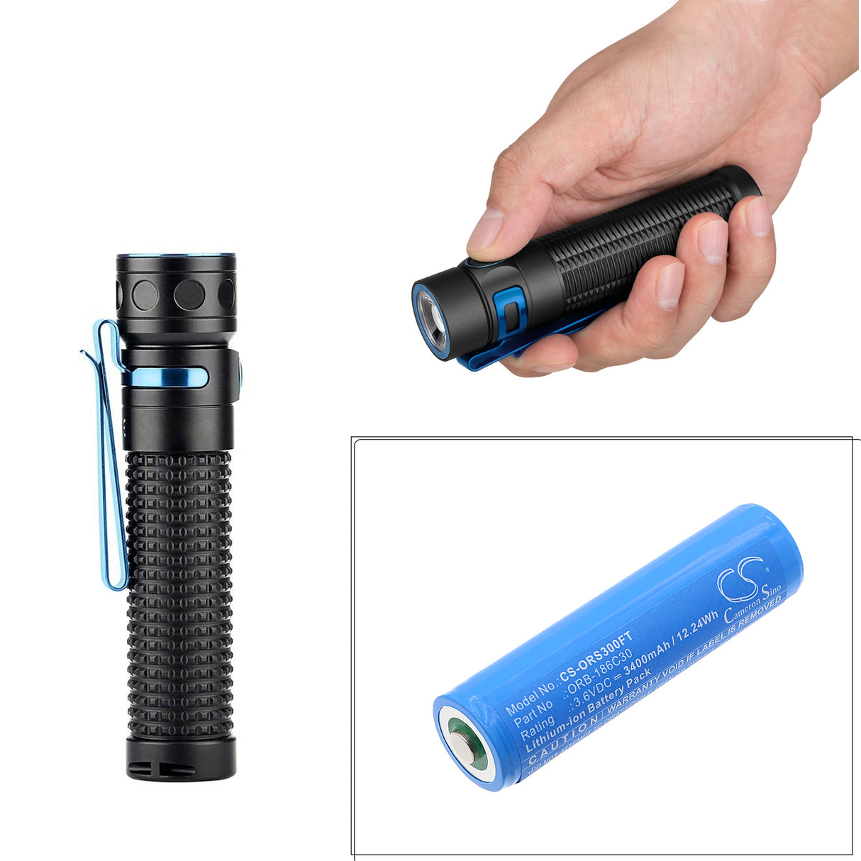3.6V, Li-ion, 3400mAh, Flashlight battery fits Olight, Orb-186c30, Baton Pro, H2r Headlamp, 12.24Wh Flashlight Cameron Sino Technology Limited