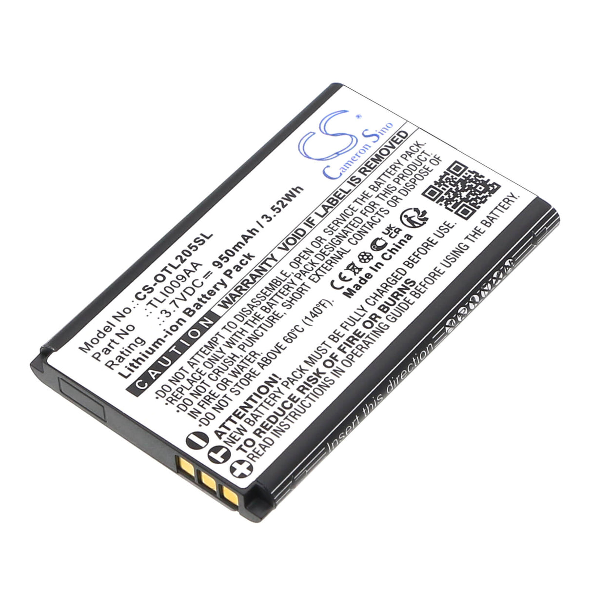 3,7V, Li-ion, 950mAh, batterie de téléphone mobile, smartphone compatible avec Alcatel, One Touch 2053, Ot-2038x, 3,52Wh Mobile, Smartphone Cameron Sino Technology Limited (Smartphone)
