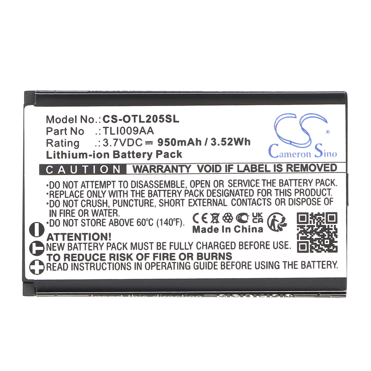 3,7V, Li-ion, 950mAh, batterie de téléphone mobile, smartphone compatible avec Alcatel, One Touch 2053, Ot-2038x, 3,52Wh Mobile, Smartphone Cameron Sino Technology Limited (Smartphone)