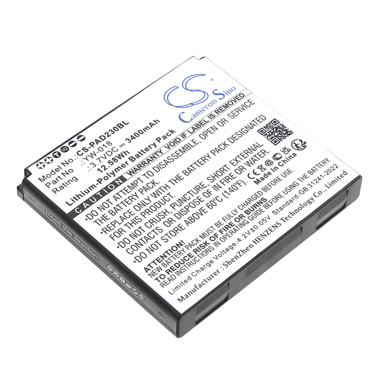 3.7V, Li-Polymer, 3400mAh, Payment Terminal battery fits Pax, Yw-018, D230, 12.58Wh Payment Terminal Cameron Sino Technology Limited