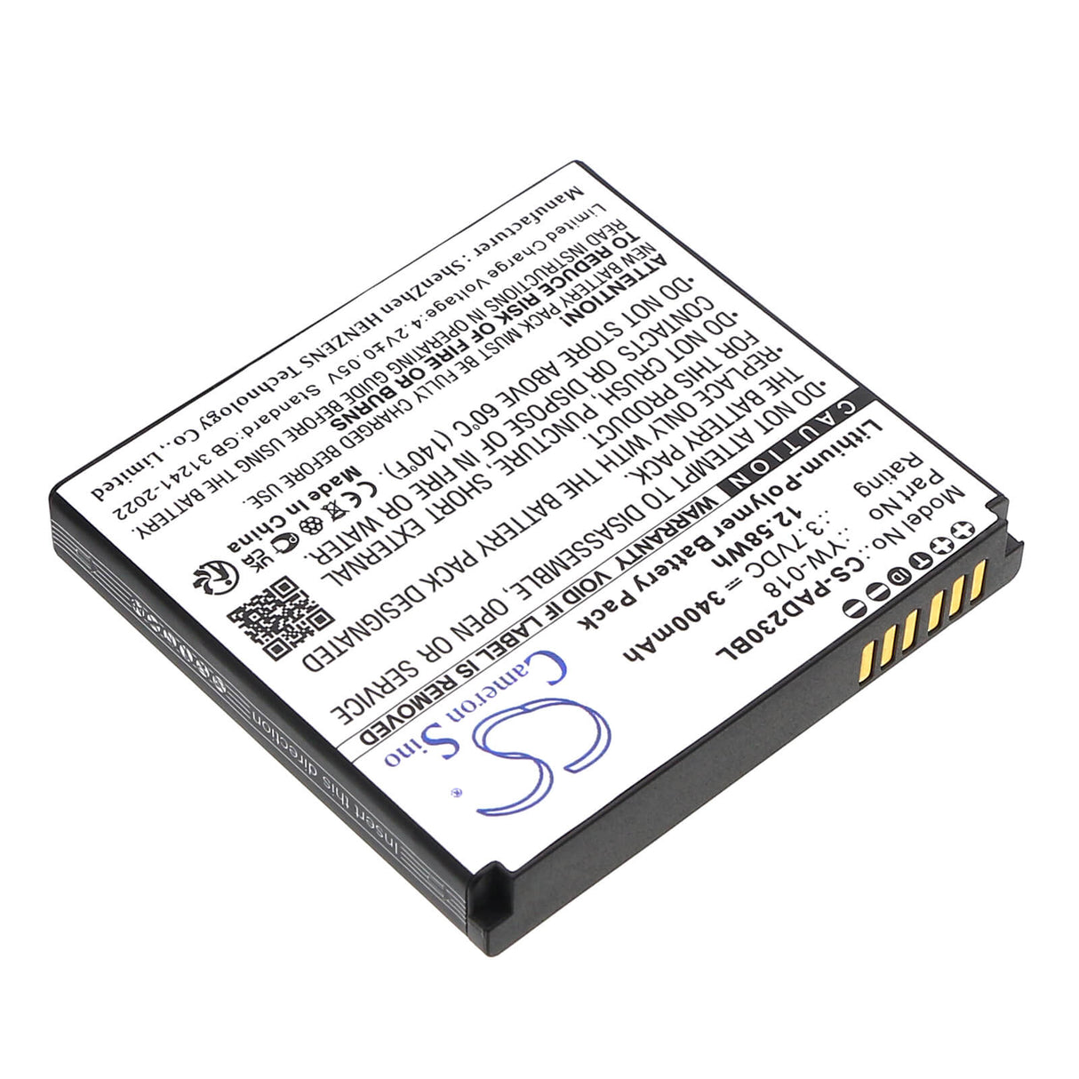 3.7V, Li-Polymer, 3400mAh, Payment Terminal battery fits Pax, Yw-018, D230, 12.58Wh Payment Terminal Cameron Sino Technology Limited